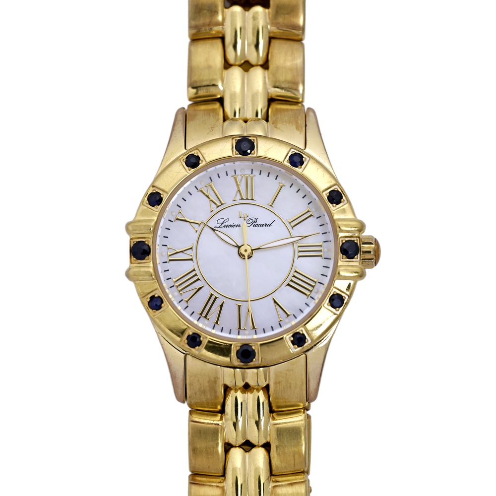 Lucien Piccard Stainless Steel Gold Tone Sapphire Bezel Ladies Swiss Watch 31mm